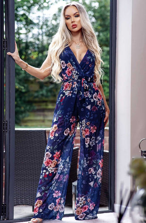 Ladies navy floral chiffon jumpsuit